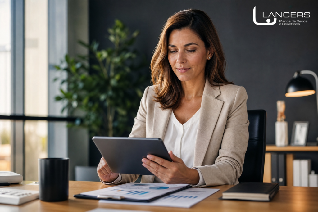 Gestora de RH analisando dados de turnover e retenção de colaboradores em tablet, com documentos e gráficos sobre a mesa em ambiente corporativo moderno
